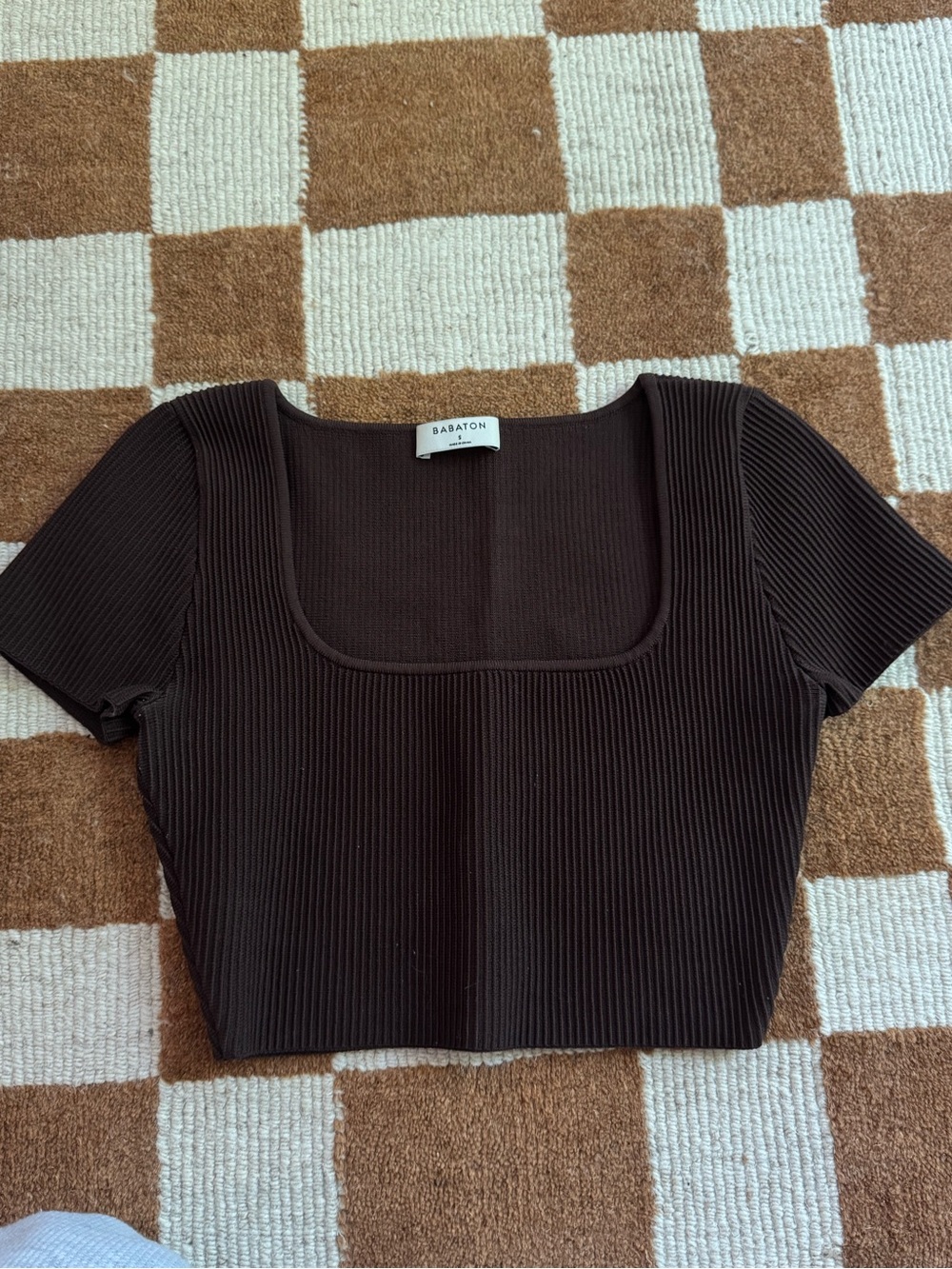 Babaton Dark Brown Ribbed Scoop-Neck Crop Top